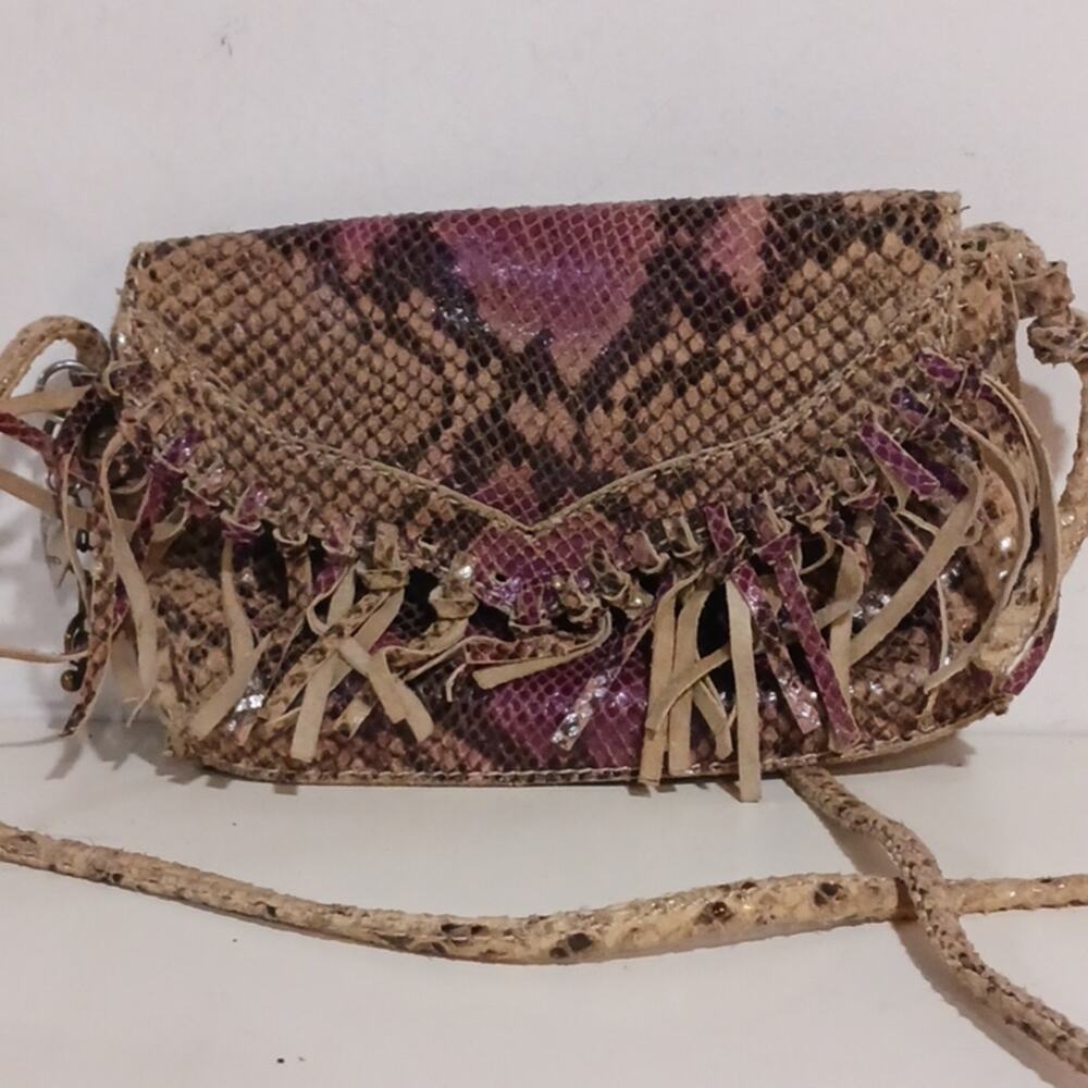 Rhythm & Rhyme metallic snake print fringe crossbody bag